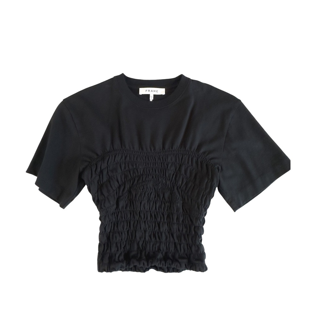 FRAME Smocked Bodice T-Shirt Noir Black Organic Cotton XS LWTS2016